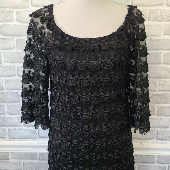 Trina Turk Black Lace Tiered Shift Dress Glam Goth Cocktail Lined Party Whimsey - Picture 2 of 9